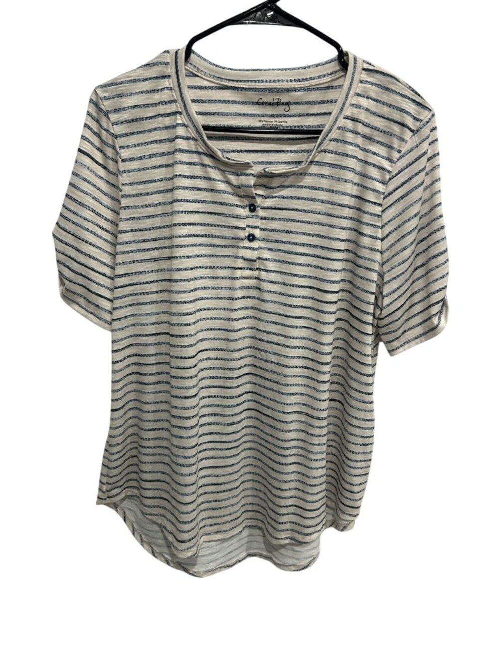 Coral Bay XL Blue White Striped Henley Roll Tab Top Coastal Nautical Heritage